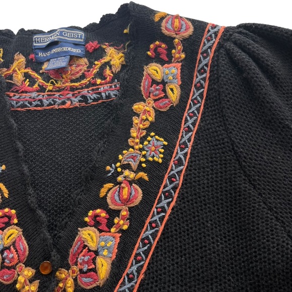 Herman Geist Sm Black Floral Hand Embroidered Wool Cardigan, Sweater Cottagecore - Picture 8 of 16